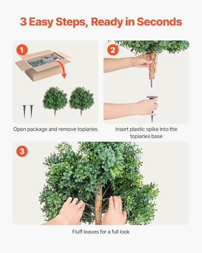 VEVOR Artificial Topiary Boxwood Trees with Ground Spike, 22 inch 2 Set Faux Shrubs & Bushes Potted Plants, Fake Silk Tree Look Real for Decor Front Porch Outdoor Indoor Patio Garden Balcony Backyard - Image 4