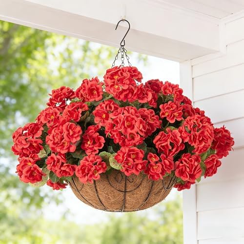 INSPRING Geraniums Artificial Flowers Hanging Basket for Outdoors Outside Decoration, 8 Bundles Silk Flowers Fake Plants Look Real UV Resistant for Porch Home Patio Balcony Yard, Red - Image 2