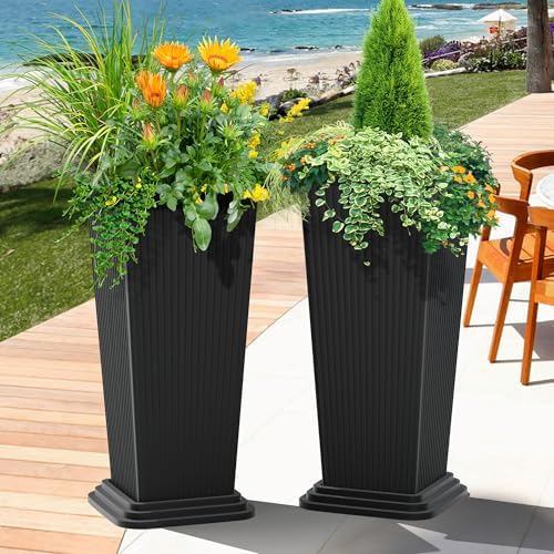 FENCY Set of 2 Tall Planters for Outdoor Plants, Black Ribbed - Image 7