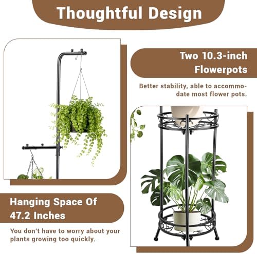 Plant Stand,Adjustable 3 Tier Potted Holder Flower Pot Stand with Hangers - Image 3