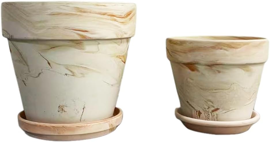 Macchiato Two-Tone Terracotta Plant Pots with Trays, Breathable Unglazed Clay, Medium-Low Temperature Fired, Set of 2/3/4/6/8 for Indoor Outdoor Plants by Unknown