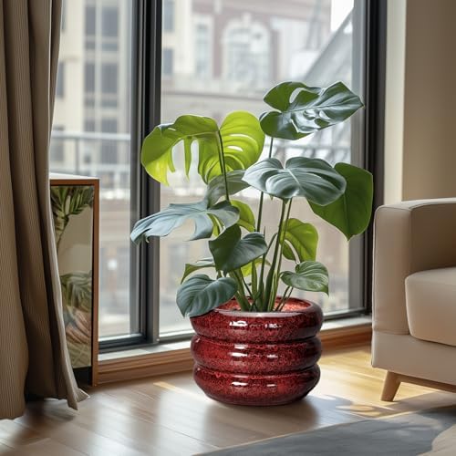 SQOWL 10 Inch Plant Pots - Ceramic Planter for Indoor Plants, Ceramic Plant Pot with Drainage Hole, Bubble Round Flower Pots Outdoor, Home Office Living Room Decor, Gifts for Plant Lover, Red - Image 2