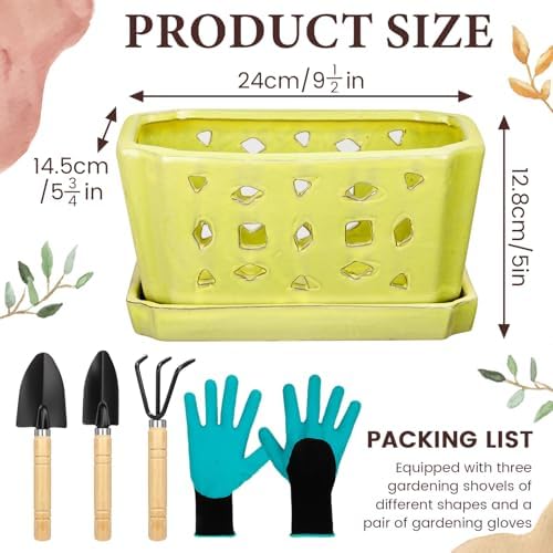 Teenyyou 9.5" Orchid Pot Ceramic with Hole Saucer for Repotting, Yellow - Image 2