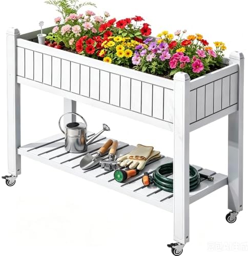YITAHOME 3.6x1.5x2.8 FT Elevated Garden Bed Kit with Legs and Wheels, Outdoor Large Resin Planter Box Stand with Drain Plug and Storage Shelf for Plants Vegetables Fruits, Grayish-White by YITAHOME