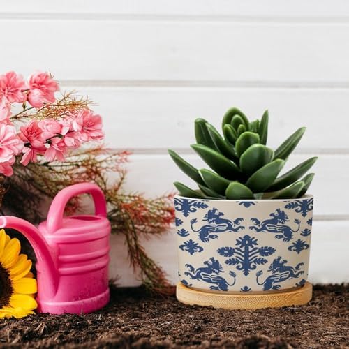 Blue Regalia Planters Ceramic Regalia in Blue Round Plant Pots with Drainage Holes and Bamboo Tray Pot for Home Office Decoration - Image 5