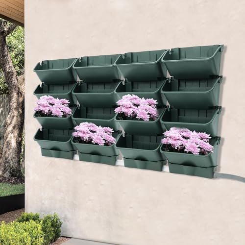 Self Watering Vertical Wall Planter, 16 Pockets 13" Stackable Hanging Planters Indoor Outdoor Living Wall with Hose and Drainage Tray Kit, Green Plastic Pot Herb Plants for Deck Garden by Ongniong