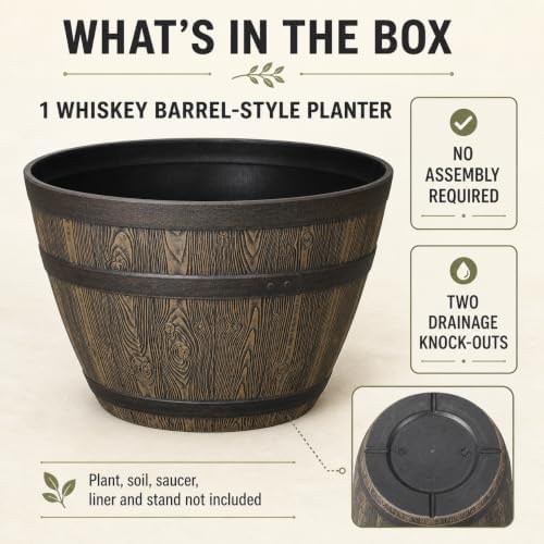 19.9 Inch Whiskey Barrel Planter, 47.44 Qt, Brown, Outdoor Resin - Image 7