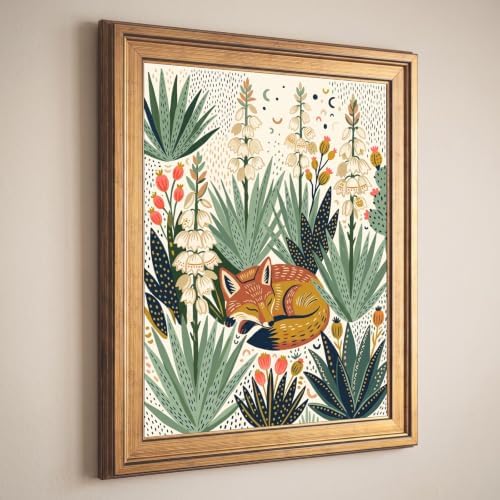 Framed Canvas Wall Art Bohemian Gouache Desert Foxes in Yucca Floral Pink and Yellow Canvas Print Poster Gold Frame Wall Decor for Living Room Southwestern Decor, Animal Art - Inch 16x20 - Image 5