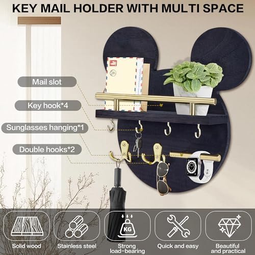 AIRPOP Key Holder for Wall–Mouse Wooden Mail Organizer Wall Mount with Shelf and 6 Hooks, Easy Installation Key Rack Hanger for Entryway Living Room Home Decor (Black) - Image 3