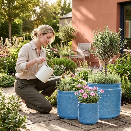 Ceramic Planters Set, 15/12/9 in Large Flower Pots, Antique Blue - Image 3