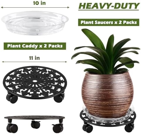 2 Pack Plant Caddy with Wheels, PlanterHoma 11 Inch Metal Plant Stand with Wheels Heavy Duty Wrought Iron Plant dolly Rolling Stand Plant Roller with Casters for Indoor and Outdoor with 2 Pack Plant Saucers - Image 3