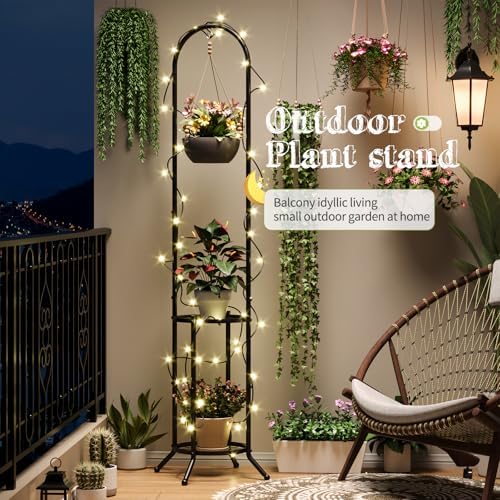 BMOSU Plant Stand with Hooks Indoor Outdoor Corner Tall Plant Stand Heavy-Duty Metal 3-Tier Plant Shelf Holder Rack for Patio Garden Balcony Living Room Bedroom(circular Black) - Image 2