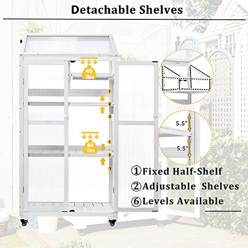 62" Tall Wooden Portable Greenhouse with Wheels, Adjustable Shelves, 3-Tier Cold Frame Plant Cabinet/ Indoor Outdoor Plant Stand, Rolling Mini Greenhouse for Patio, Balcony, Garden (White) - Image 5