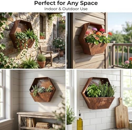 Topadorn Rustic Metal Wall Planter, 12 Inch Hexagon Hanging Planter - Image 4