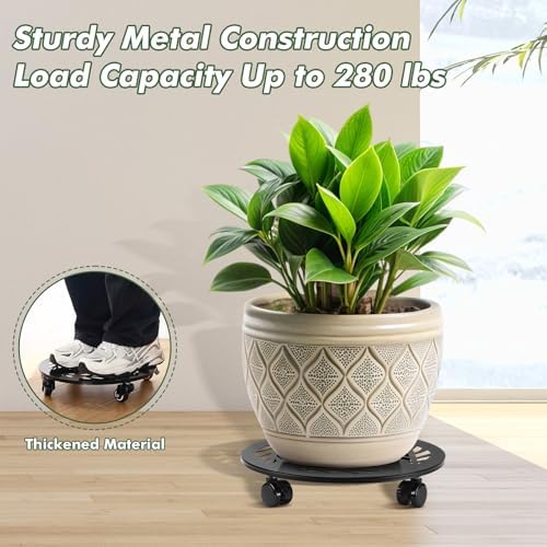 Planterhoma 4 Packs 14 Inch Rolling Plant Stand with Wheels Metal Plant Caddy with Wheels Heavy Duty Plant Rollers with Wheels Round Wrought Iron Plant Stand with Clear Saucers, Matte Black - Image 7