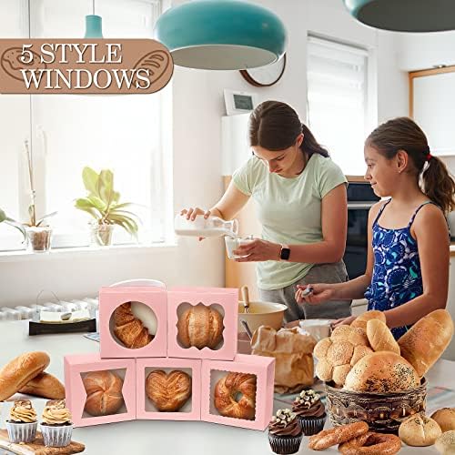 KPOSIYA 65PCS Bakery Boxes with Window 6x6x3 Inches 5 Style Cookie Boxes Small Pastry Boxes for Candy, Dessert, Pastry, Donuts, Birthday Party, Wedding(Pink) - Image 5