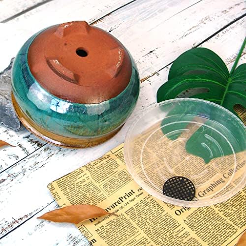 8 Inch Succulent Pot with Drainage and Saucer Glazed Terracotta Round Ceramic Succulent Planter Cactus Bonsai Plant Pot (Brown and Green) - Image 5