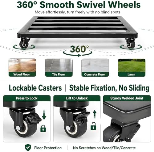 20IN Plant Caddy with Wheels Heavy Duty ,Rounded-Square Metal Rolling Plant Stand Lockable Casters, Rust-Proof Plant Dolly Indoor Outdoor Use for Large Planters - Image 5