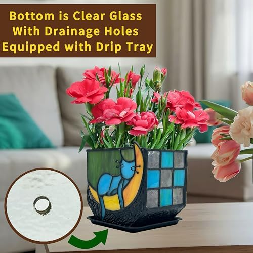 Tiffany Stained Glass Unique Moon Sleeping Blue Cat Planter,Indoor Plant Pots with Drainage,Cute Cat Planter Pots,Decorative Plant Pots, Dried Flowers Pot,Cute Gardening Gifts - Image 5