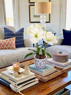 Briful Amaryllis Artificial Flowers in Blue Ceramic Pot 18.1" Faux White Amaryllis Flower Arrangement with Decorative Bulbs Moss Silk Amaryllis Plant for Home Office Bathroom Table Décor - Image 6