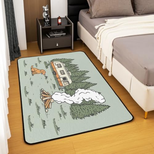Erosebridal Rv Area Rug 6'6" x 4'11" Camp Living Room Rugs Bonfire Cartoon Cute Dog Pine Tree Decorative Carpet Grassland Camping Animal Indoor Floor Mat - Image 3