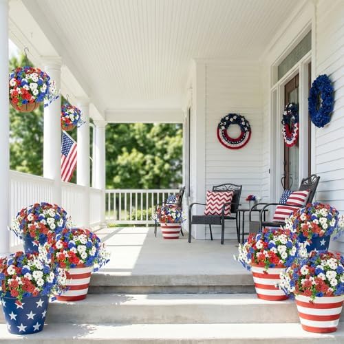 Hananona 2 Set Artificial Outdoor Flowers with Hanging Basket, 2 Hanging Planters with 24 Pcs Patriotic Flowers for Summer Front Porch Patio 4th of July Decor (Red, White, Blue) - Image 3