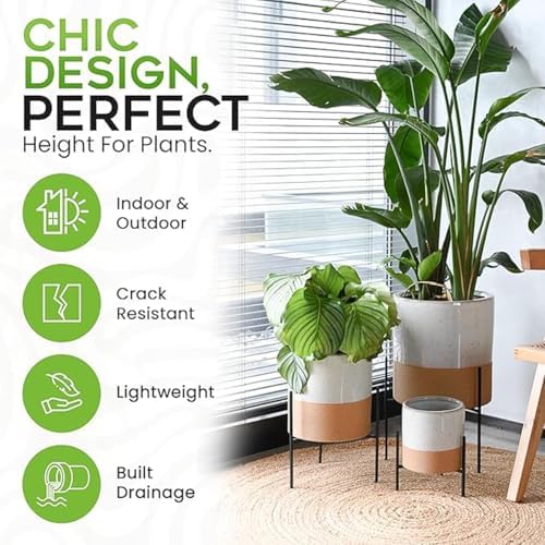 23 Bees Mid-Century Modern Ceramic Planter with Plant Stand Indoor Decorative Plant Pot with Stand in Earthy Beige and White Glaze, Black Metal Stand (Large 16 inch plant pot, Three sizes) (Small) - Image 6