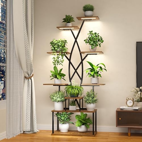 9 Tier 66" Tall Plant Stand with Grow Lights for Indoor Plants（Black） by DONGRONG