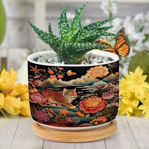 Animal Tiger Stripe Chinoiserie Planters Ceramic Orange and Coral Peony Flower Round Flower Pot with Drainage Holes and Bamboo Tray Pot for Home Office Desk Garden - Image 6