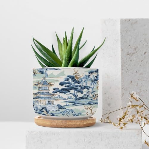 Blue and White Chinoiserie Asian Planter Ceramic Rain Chinoiserie Round Flower Pots with Drainage Holes and Bamboo Tray Pot for Outdoor Garden Home Plant - Image 7