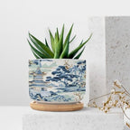Blue and White Chinoiserie Asian Planter Ceramic Rain Chinoiserie Round Flower Pots with Drainage Holes and Bamboo Tray Pot for Outdoor Garden Home Plant - Image 7