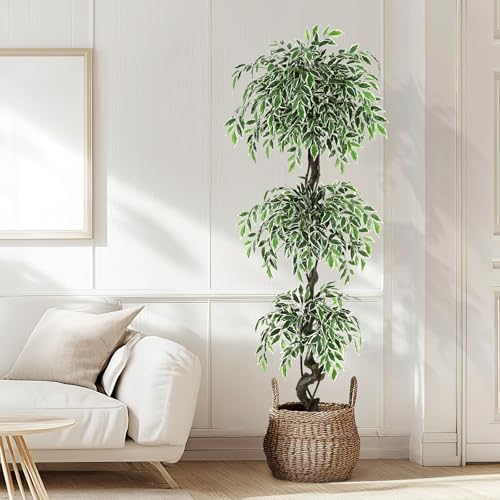 6FT Lifelike Artificial Ficus Tree Indoor Floor Plant with White Planter - Image 6