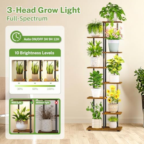 iDavosic.ly Plant Stand Indoor with Grow Lights, Tall 7 Tier Shelf, Brown - Image 2