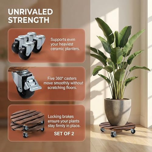 ZXZYHFTY 14 Inch Rolling Wood Plant Caddy with Wheels, 2 Pack - Image 4