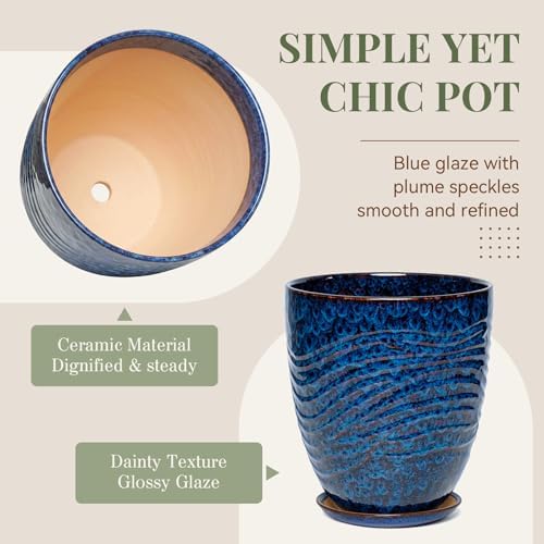 9.5 Inch Modern Ceramic Plant Pot with Saucer, Flower Pot with Drainage Hole Mesh Net,Indoor Outdoor Planter (Speckle Blue) - Image 3