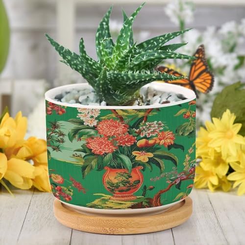 Vase Green Chinoiserie Planter Ceramic Daily Round Plant Pots with Drainage Holes and Bamboo Tray Pot for Pots Outdoor Indoor Plants - Image 6