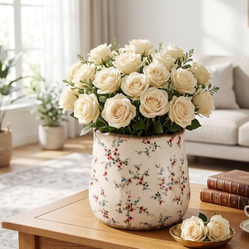 Bokon 7 x 6.3 Inch Ceramic Planter Vintage Scroll Planter,White Floral - Image 5