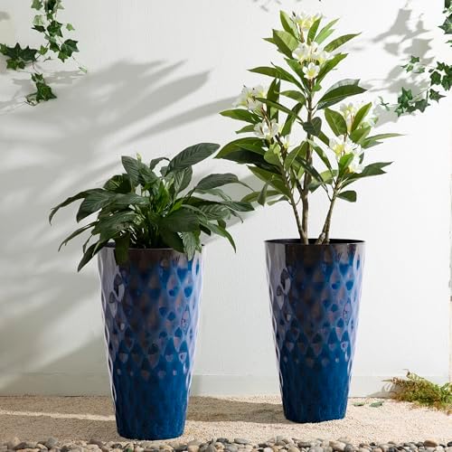 Glitzhome 23.75" H Tall Outdoor Planter, Set of 2 Wavy Texture Cobalt Blue Large Outdoor Planters, with Drainage Hole, Plastic Large Round Decorative Flower Plant Pot for Front Porch, Indoor - Image 5