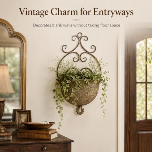 Vintage Wall Hanging Planter with Ornate Scroll Design, Distressed Rust Iron Wall Mount Flower Pot, Rustic Farmhouse Decorative Pot for Indoor Outdoor Porch Entryway Garden Wall Decor(A3076) - Image 4