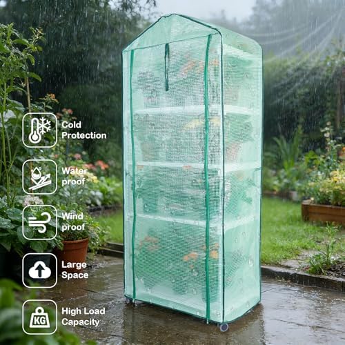 Mini Indoor Greenhouse, 4-Tier Portable Plant Greenhouse Cabinet with Wheels, Waterproof PVC Tent Cover for Indoor Outdoor Seed Starting, Plants, Flowers (Green, 4 Tier) - Image 2