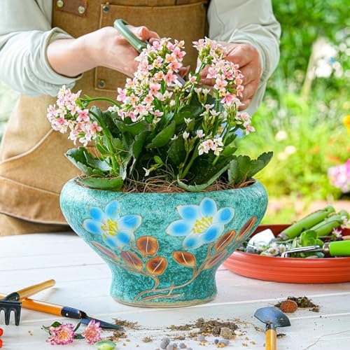 Sungmor 9.6 Inch Large Succulent Plant Pots, Pretty Hand Painted Ceramic Planter with Drainage, Indoor Outdoor Cactus Planter Bonsai Pot, Flower Pot for Indoor Plants Garden Windowsill Desktop Decor - Image 3