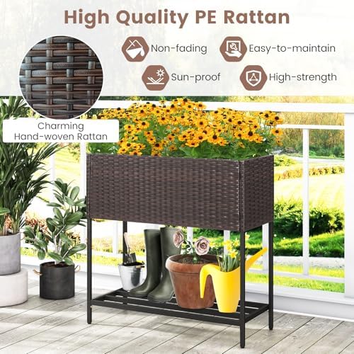 Giantex Raised Garden Bed with Legs, 28" x12" Rattan Elevated Planter Box w/Storage Shelf, Removable Liner, Drainage Gaps for Vegetables, Flowers & Herbs, Outdoor Planting Stand for Backyard, Patio - Image 7