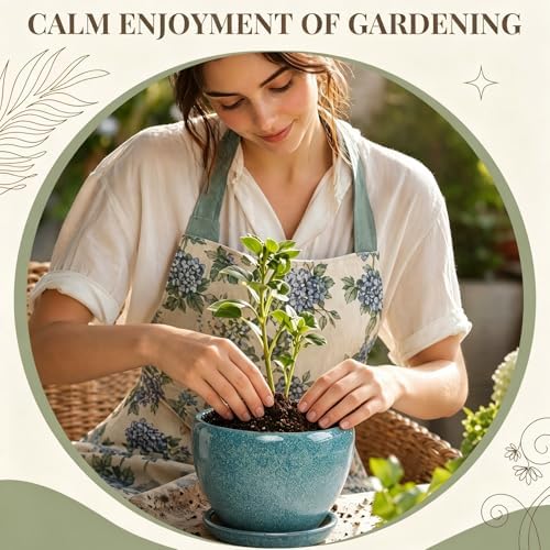9.5 Inch Ceramic Plant Pot with Drainage Hole Mesh Net,Modern Gardening Pots for Indoor Plants with Saucer, Crackle Blue - Image 5