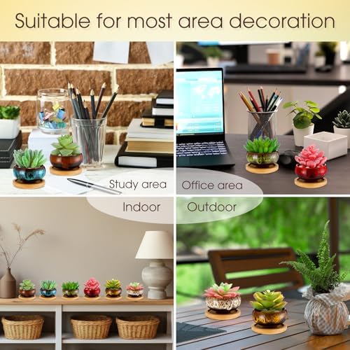 48 Pcs Ceramic Succulent Planters with Drainage Bamboo Saucers - Image 4