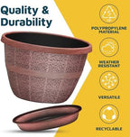 10-Inch Whiskey Barrel Planters Outdoor Pack of 10 - Durable Plastic Plant Pots for Indoor & Outdoor Use with Drainage & Saucer, Lightweight Rustic Barrel Planters for Flowers, Herbs & Small Plants - Image 6