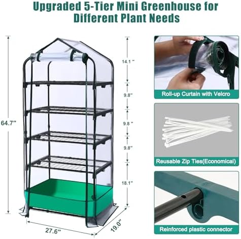 5 Tier Mini Greenhouse with Wheels for Indoor Outdoor, Portable Green House with PVC Cover and Shelves for Seedling, Greenhouse with Waterproof Mat and Cover Tape, Gardening Gifts for Women Men - Image 3