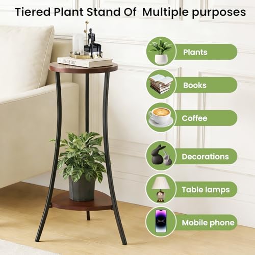 2 Tier Tall Plant Stand Indoor, Round Wooden Shelf, Walnut Black - Image 6