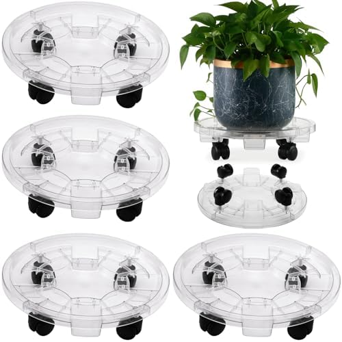 4 Packs 13 Inches Large Clear Plant Caddy Plant Saucers on Wheels Rolling Plant Stands Heavy-duty Plant Dolly Plastic Planter Roller Base Pot Movers Outdoor Plant Tray Coaster by KvyusFlourish