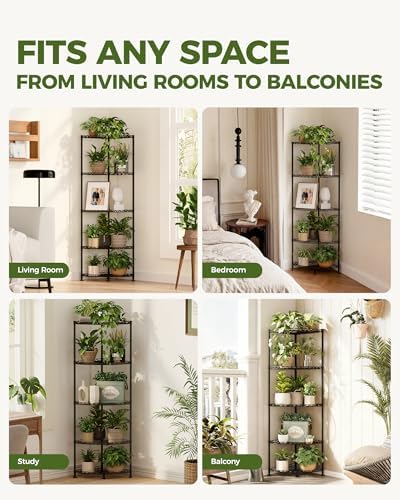Bamworld Corner Shelf 5 Tier Corner Shelf Stand Adjustable Plant Shelf Book Display Shelf for Living Room Balcony Bedroom Patio Black - Image 5