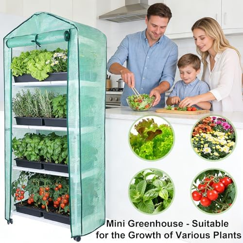 Mini Indoor Greenhouse, 4-Tier Portable Plant Greenhouse Cabinet with Wheels, Waterproof PVC Tent Cover for Indoor Outdoor Seed Starting, Plants, Flowers (Green, 4 Tier) - Image 4